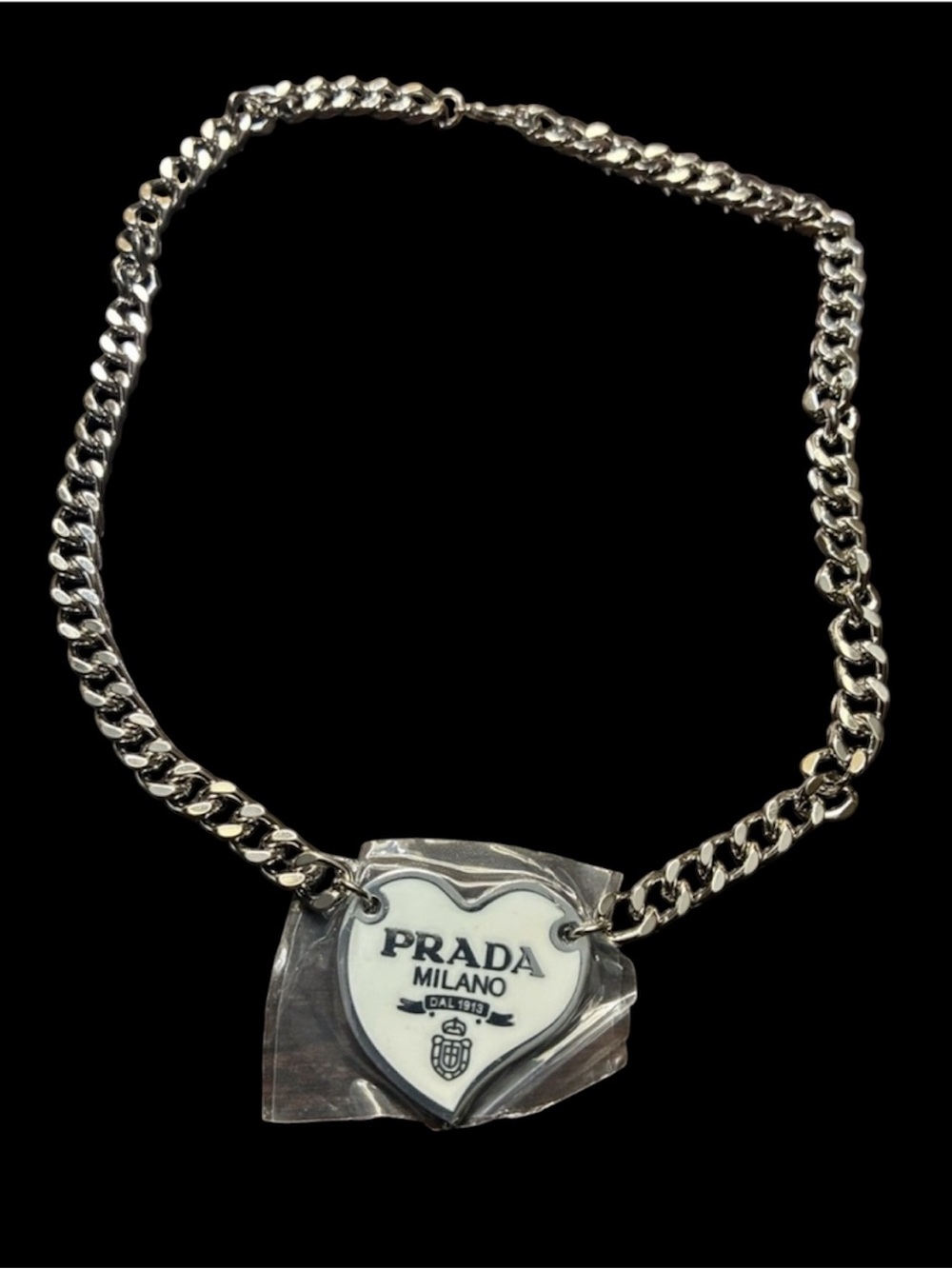 Prada Silver and White Rare Heart Necklace 14 inches